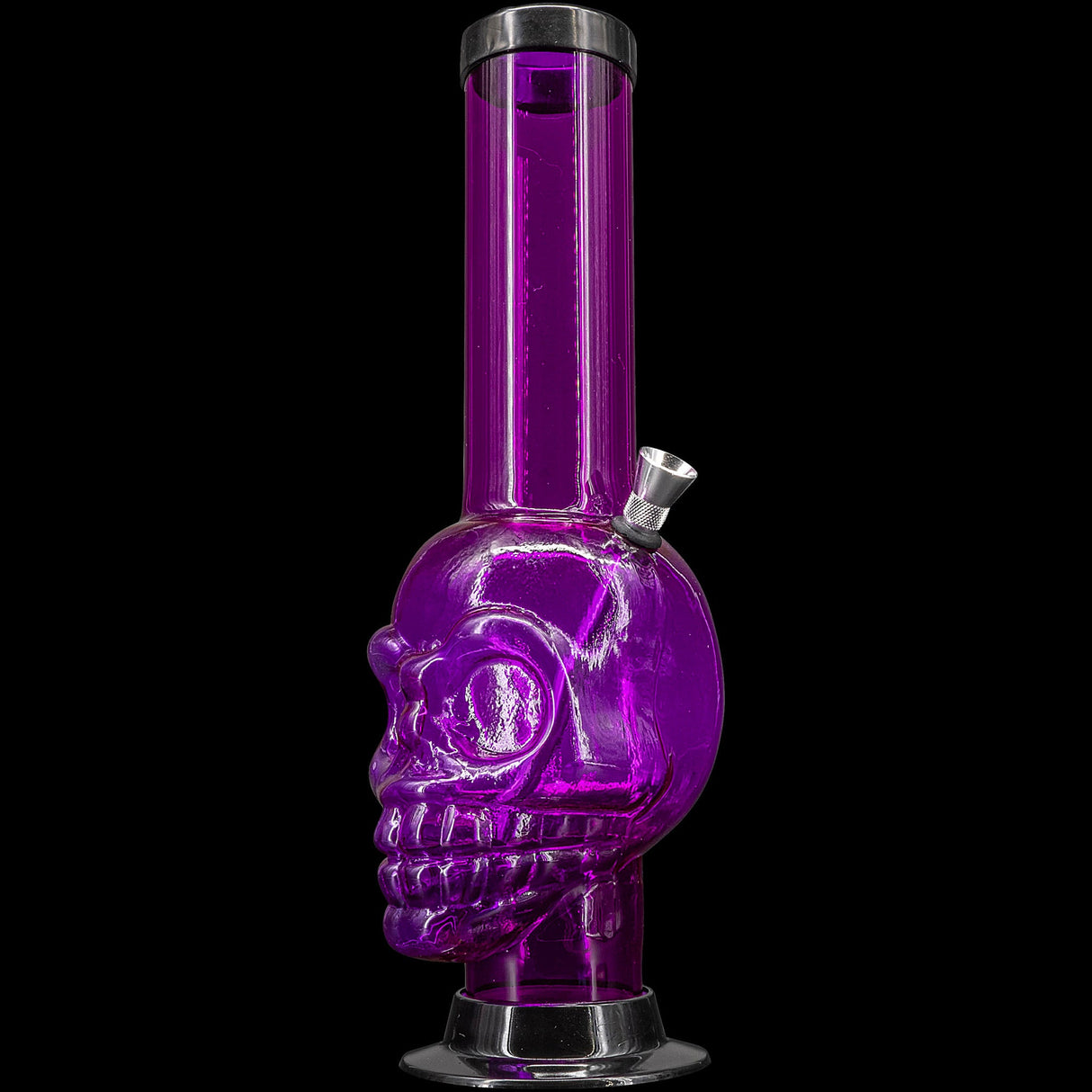 JM Plastics Acrylic Skull Chamber Bong in Purple, 12-15" Tall - Front View on Black Background