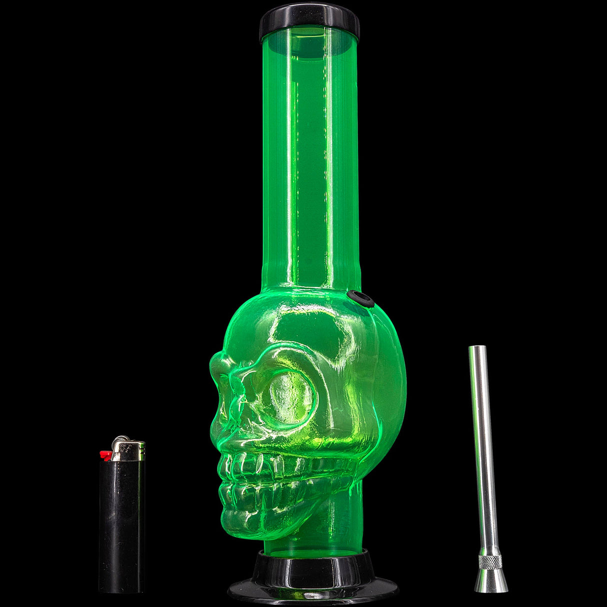 JM Plastics Acrylic Skull Chamber Bong in Green, 12-15" Tall with Lighter and Bowl