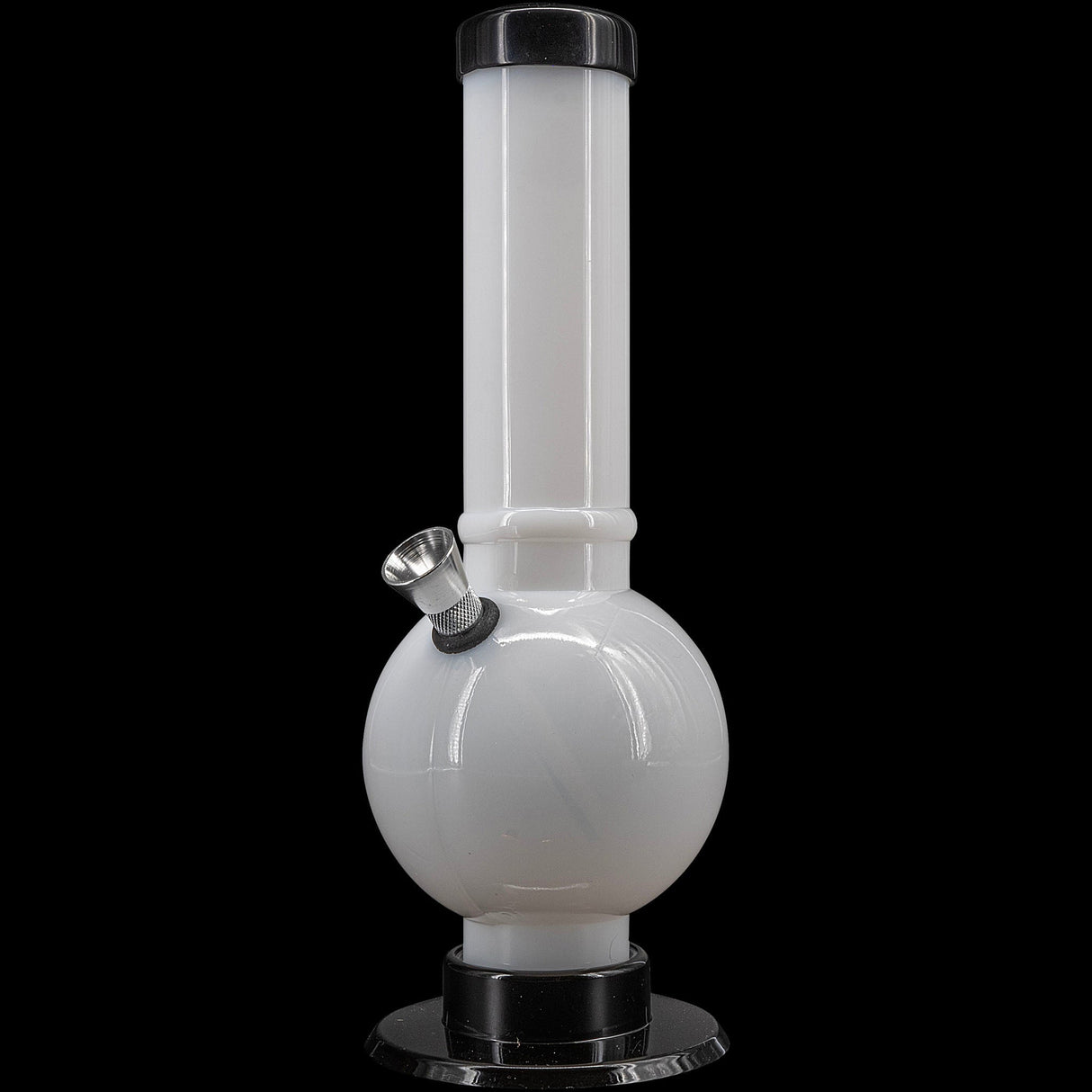 JM Plastics Acrylic Straight Tube Bubble Bottom Bong in White, Front View, 9-12" Tall