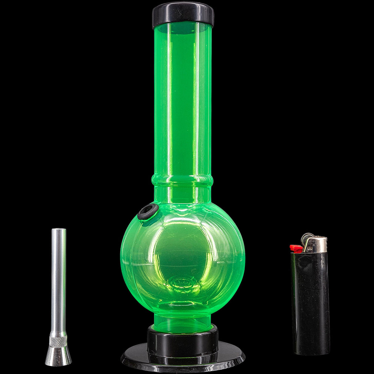 JM Plastics Acrylic Straight Tube Bubble Bottom Bong in Green with Bowl and Lighter - Front View