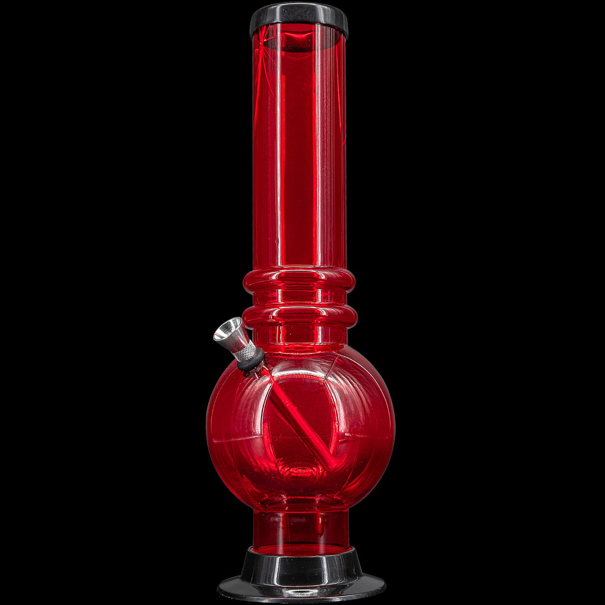 JM Plastics 12-15" Red Acrylic Bubble Base Bong, Front View on Seamless Black Background