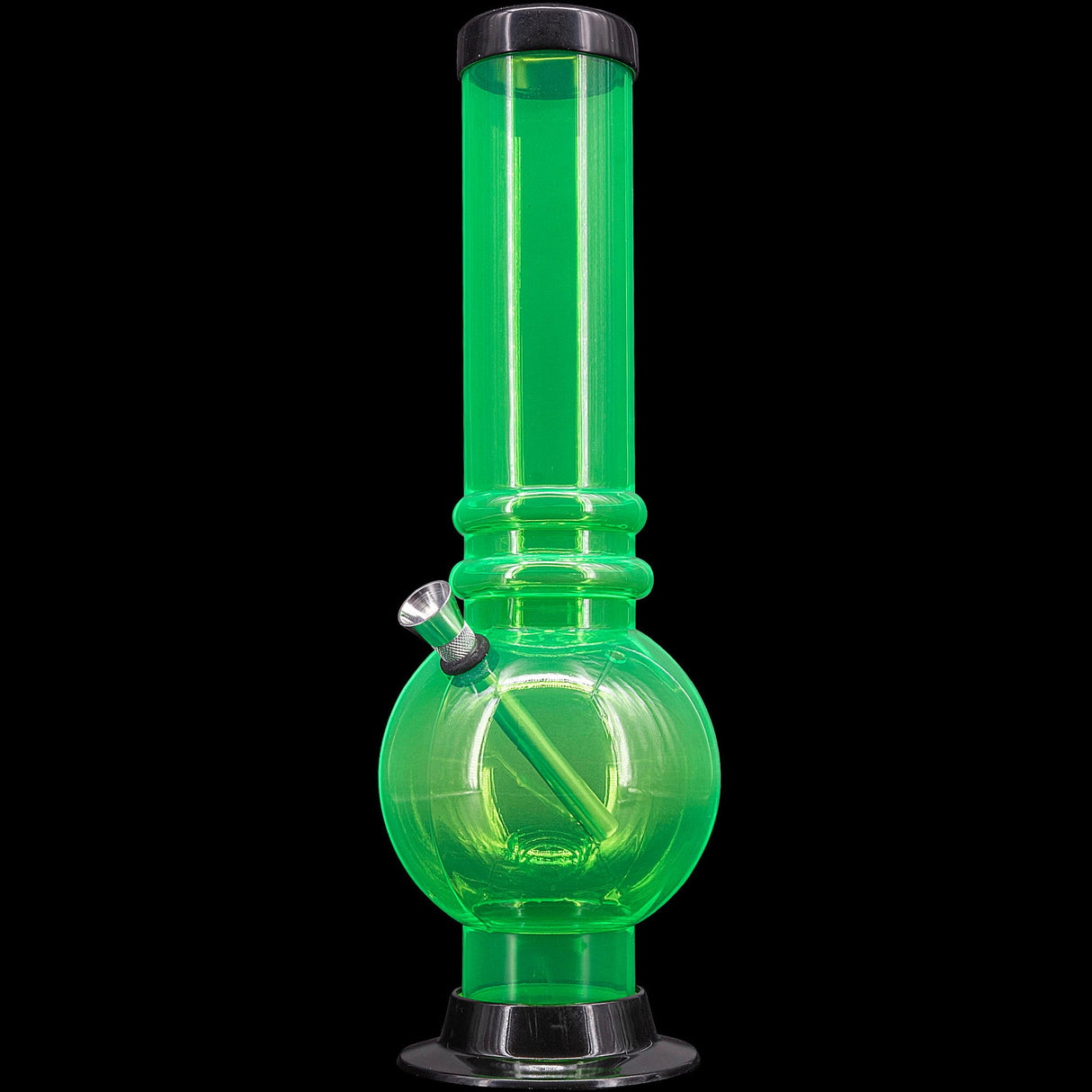 JM Plastics Acrylic Bubble Base Bong in vibrant green, 12-15" tall, front view on a seamless white background