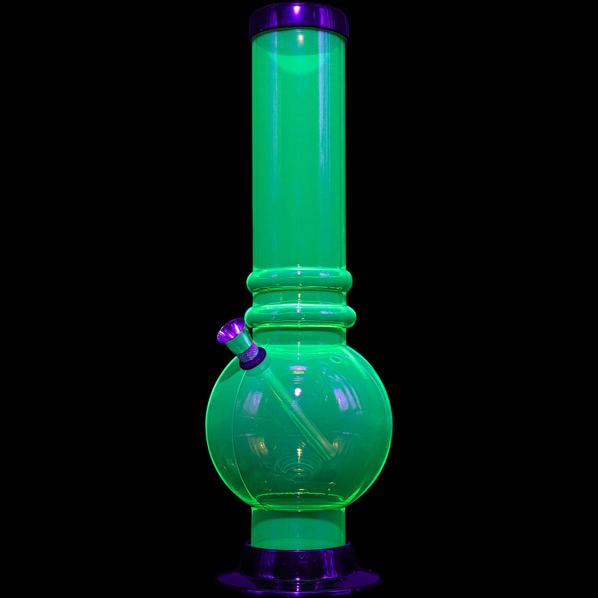 JM Plastics 12-15" Acrylic Bubble Base Bong in Neon Green, Front View on Seamless Black