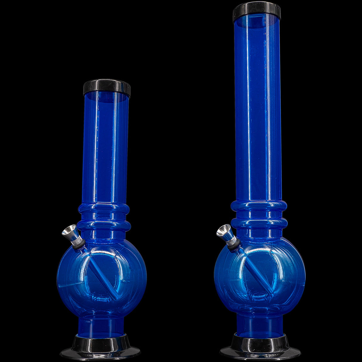 JM Plastics Acrylic Bubble Base Bong in Blue, 12"-15" Tall, Front and Side Views