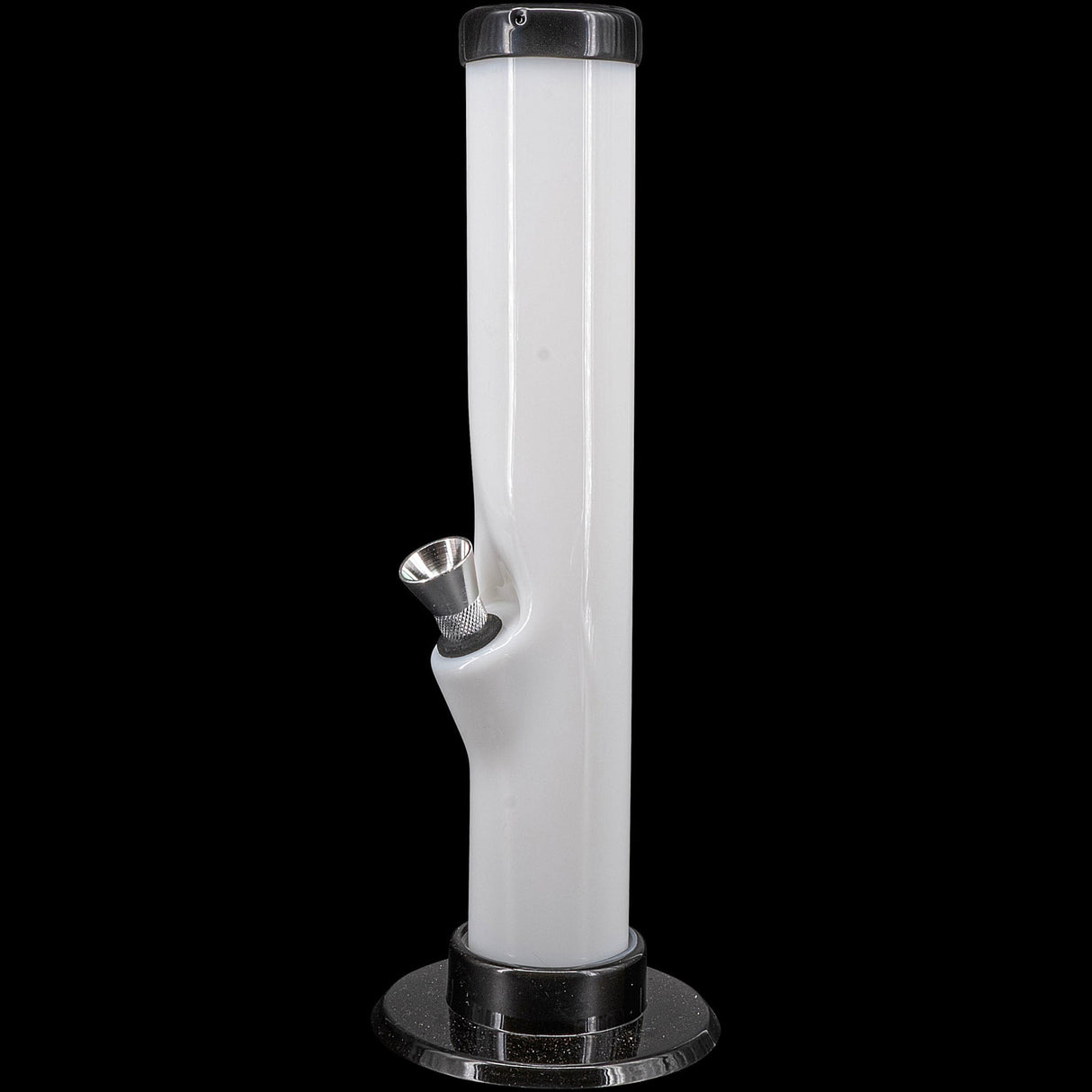 JM Plastics Acrylic Straight Tube Bong in White - Front View on Seamless Black Background