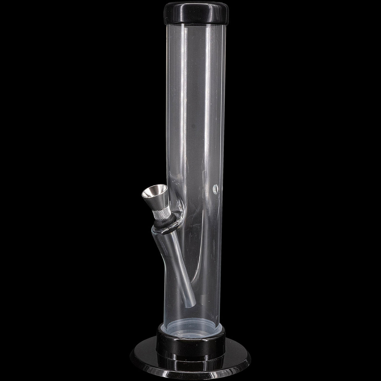 JM Plastics Acrylic Straight Tube Bong, 12" Tall, Durable Design, Front View on Black Background