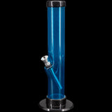 JM Plastics Acrylic Straight Tube Bong in Blue, 12" Tall, Front View on Seamless Black Background