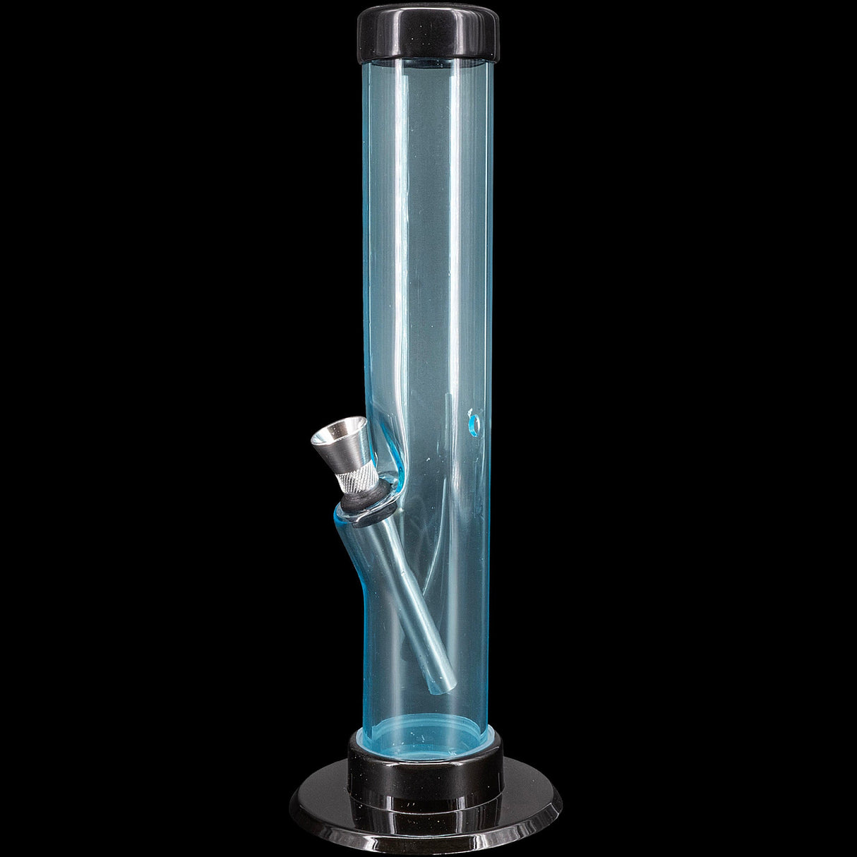 JM Plastics Acrylic Straight Tube Bong in Blue, Front View, 12" Tall with Removable Base