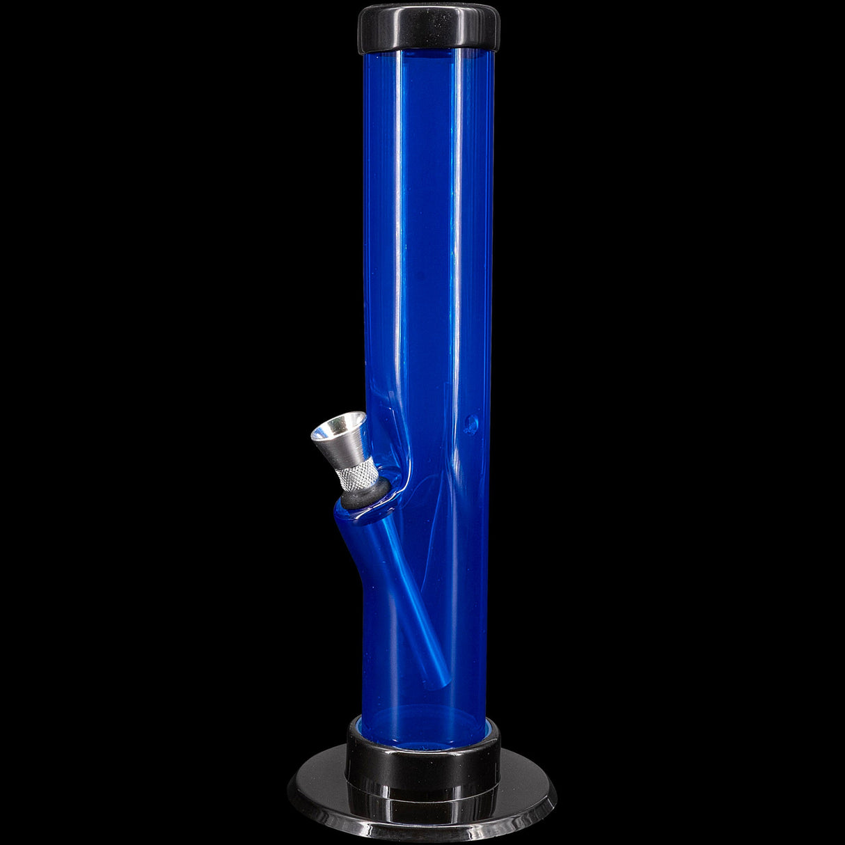 JM Plastics Acrylic Straight Tube Bong in Blue - 12" Tall Front View with Sturdy Base