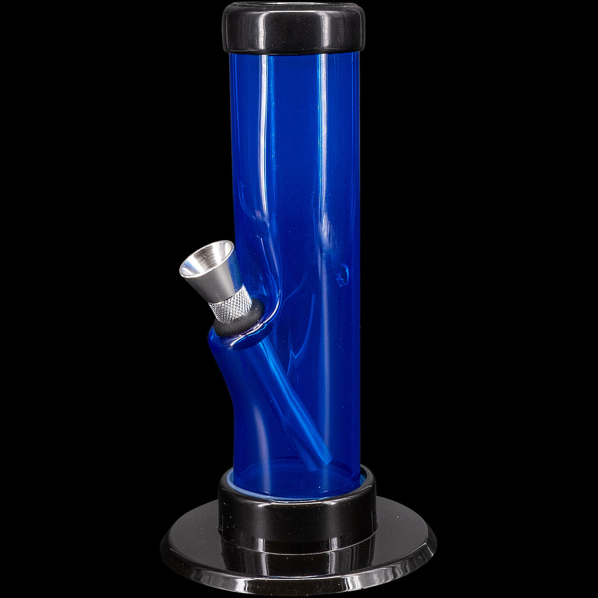 JM Plastics Acrylic Straight Tube Bong in Blue, 9" Tall, Side View on Black Background