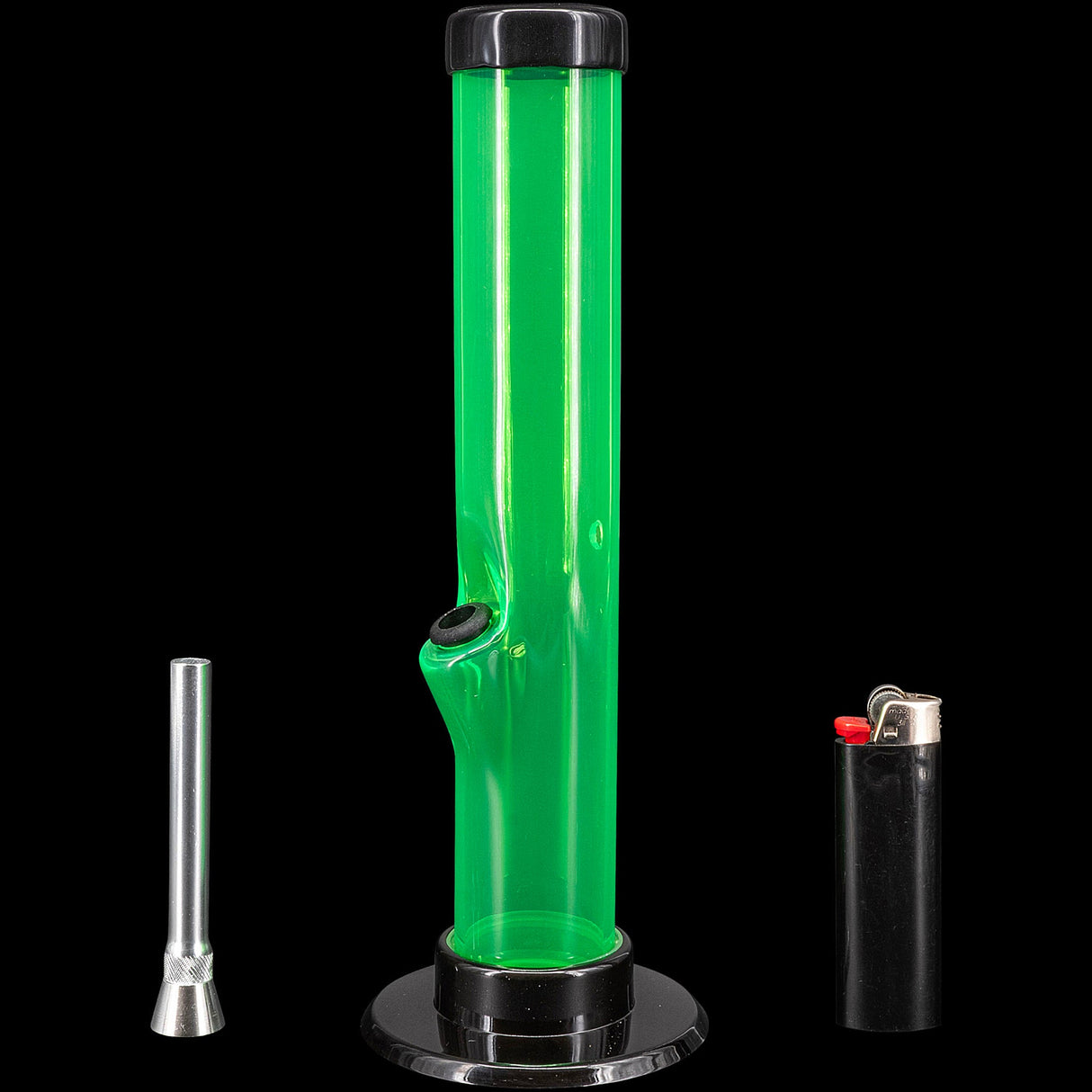 JM Plastics Acrylic Straight Tube Bong in Green with Lighter and Bowl - Front View