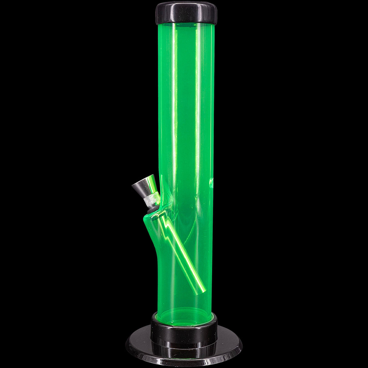 JM Plastics Acrylic Straight Tube Bong in Vibrant Green, 12" Tall, Front View on Black Background