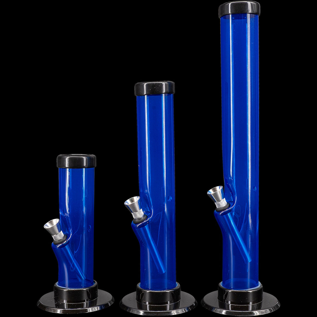 JM Plastics Acrylic Straight Tube Bongs in Blue - 6", 9", 12" Sizes Displayed