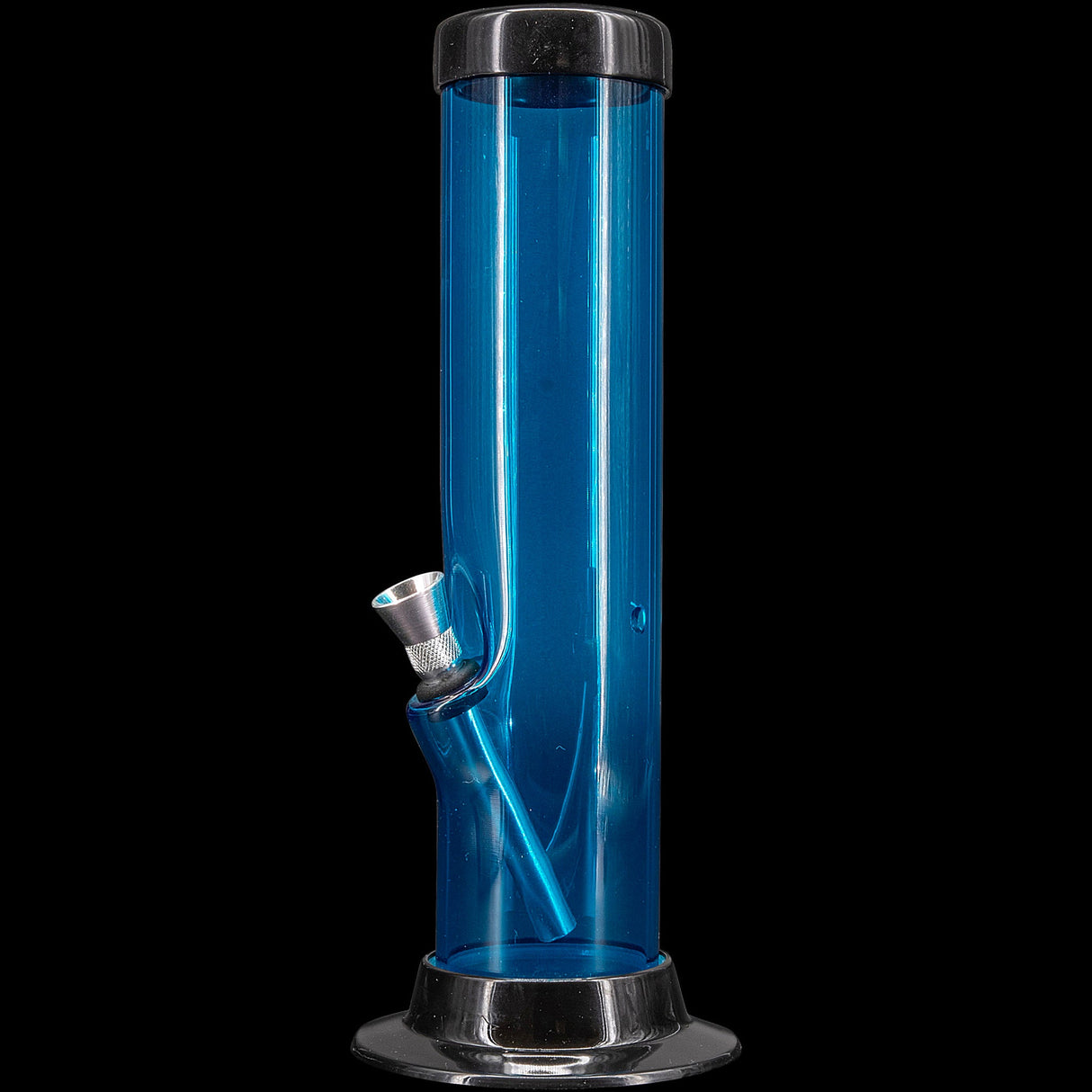 JM Plastics Acrylic Straight Tube Bong in Blue - Front View on Black Background