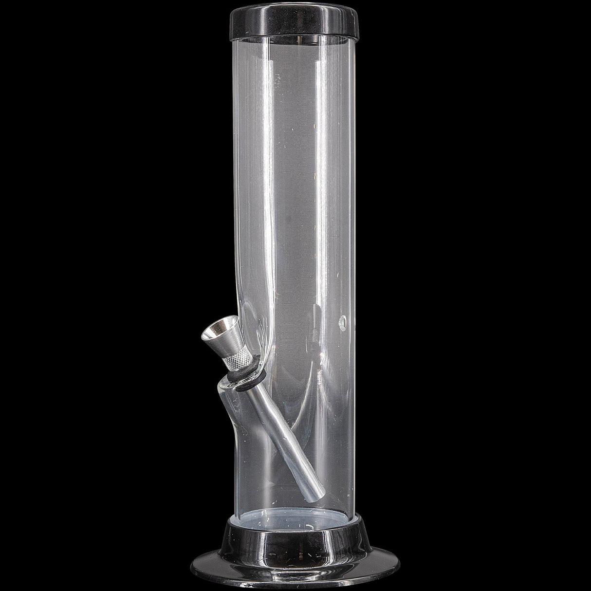 JM Plastics Acrylic Straight Tube Bong, 12", Clear Variant, Front View on Black Background