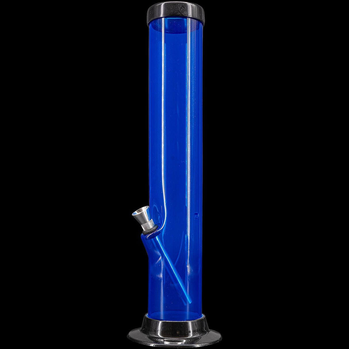 JM Plastics Acrylic Straight Tube Bong in Blue, 12" Tall, Front View on Black Background