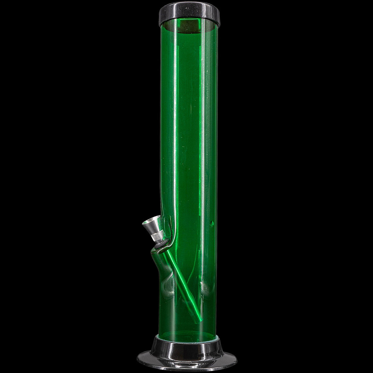 JM Plastics Acrylic Straight Tube Bong in Vibrant Green, 12" Tall, Front View on Seamless Black