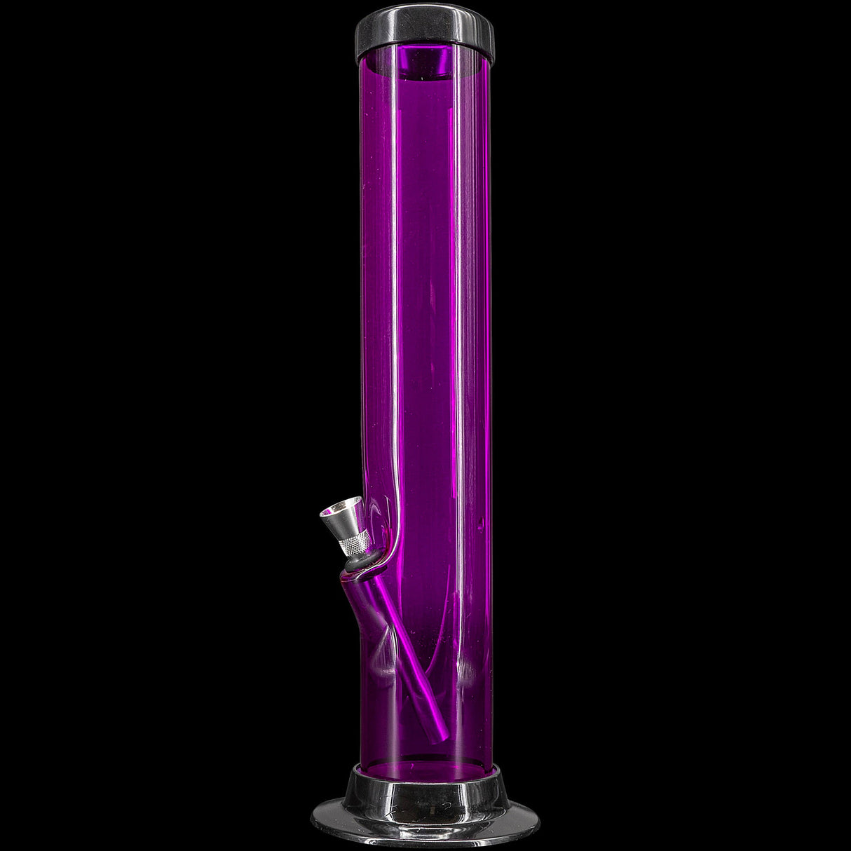 JM Plastics Acrylic Straight Tube Bong in Purple - Front View on Seamless Black Background