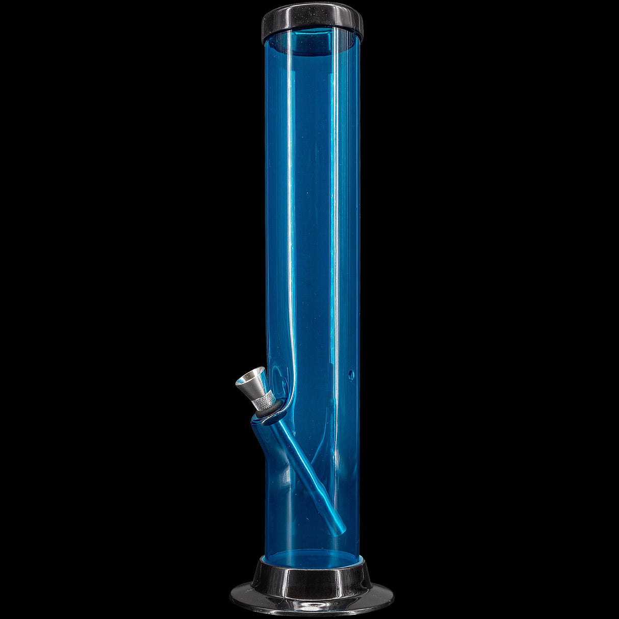 JM Enterprises Acrylic Straight Tube Bong in Blue - Front View on Black Background