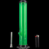 JM Plastics Acrylic Straight Tube Bong in Green - 12" Tall with Lighter and Bowl - Front View