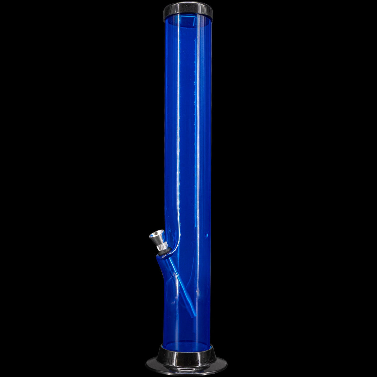 JM Plastics Acrylic Straight Tube Bong in Blue - 12" Tall Front View on Seamless Black Background