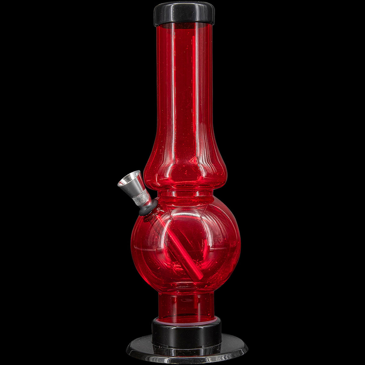 JM Plastics Acrylic Straight Tube Bubble Flare Bong in Red, Front View on Black Background