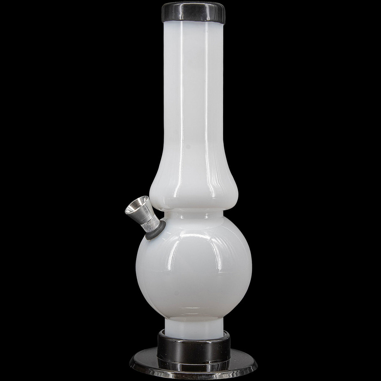 JM Plastics Acrylic Straight Tube Bubble Flare Bong in White, Front View, 6-9" Tall