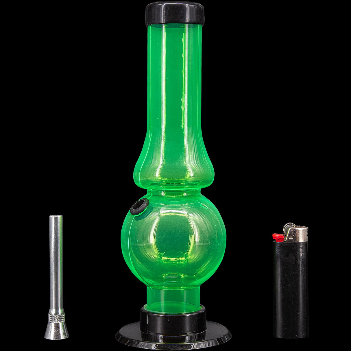 JM Plastics Acrylic Straight Tube Bubble Flare Bong in Green with Lighter and Bowl - Front View