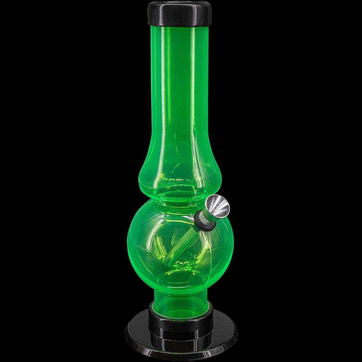 JM Plastics Acrylic Straight Tube Bubble Flare Bong in Vibrant Green, Front View on Black Background