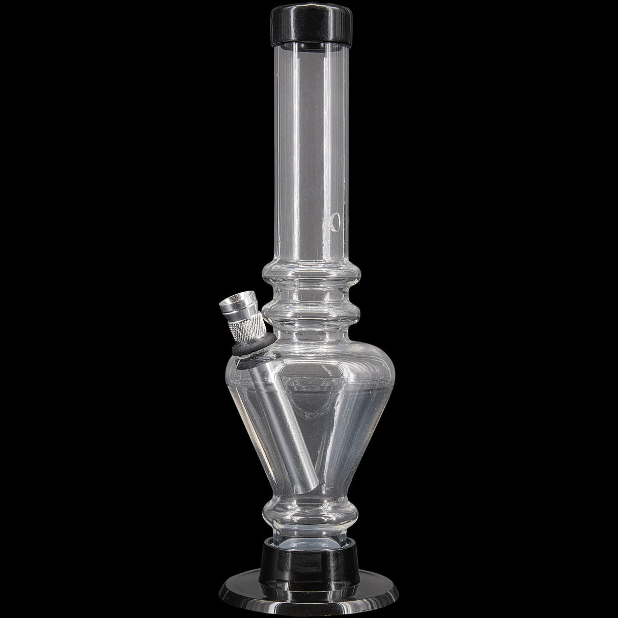 JM Plastics 8" Acrylic Blossom Bong in Clear Color - Front View on Seamless Black Background