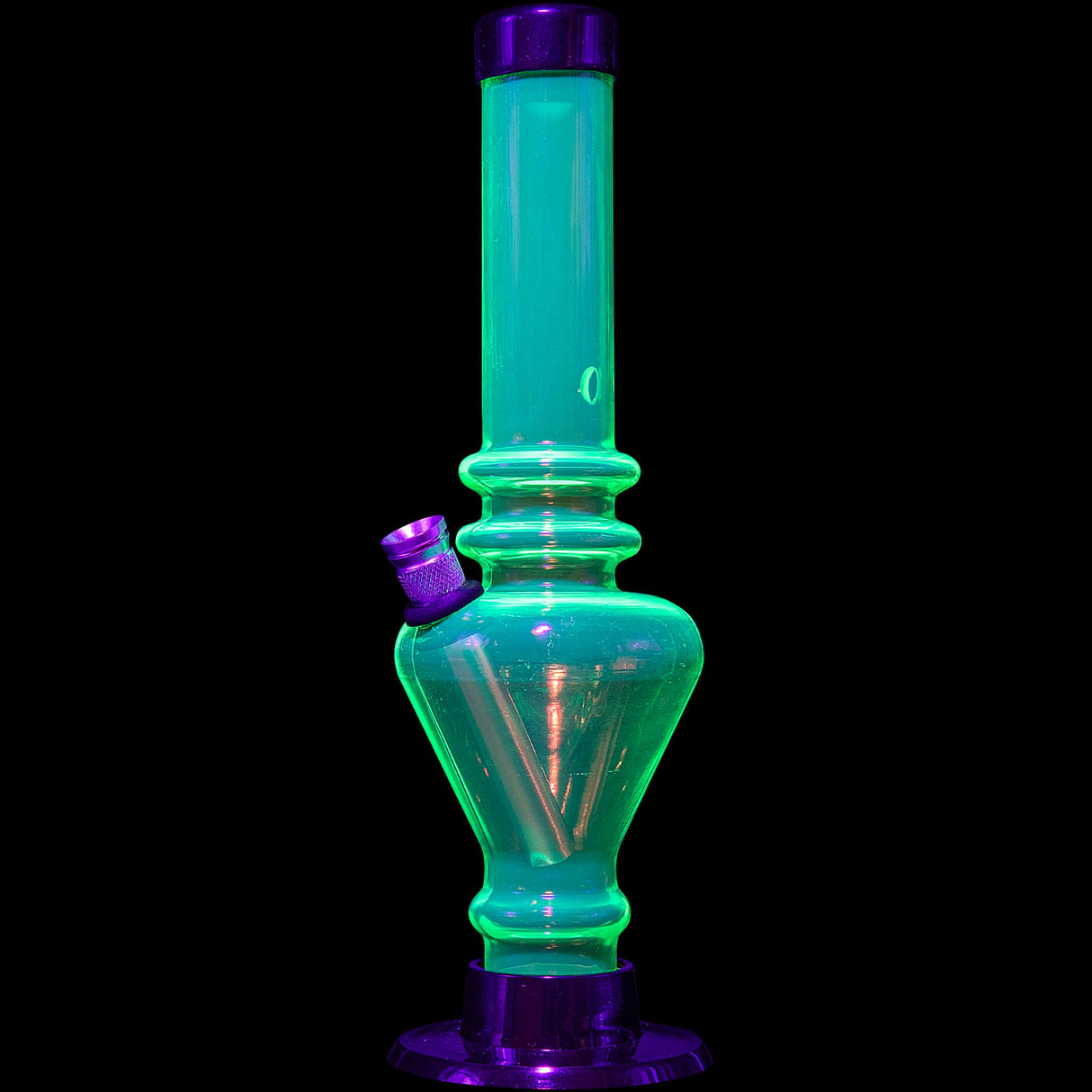 JM Plastics 8" Acrylic Blossom Bong in vibrant green with purple accents, front view on black background