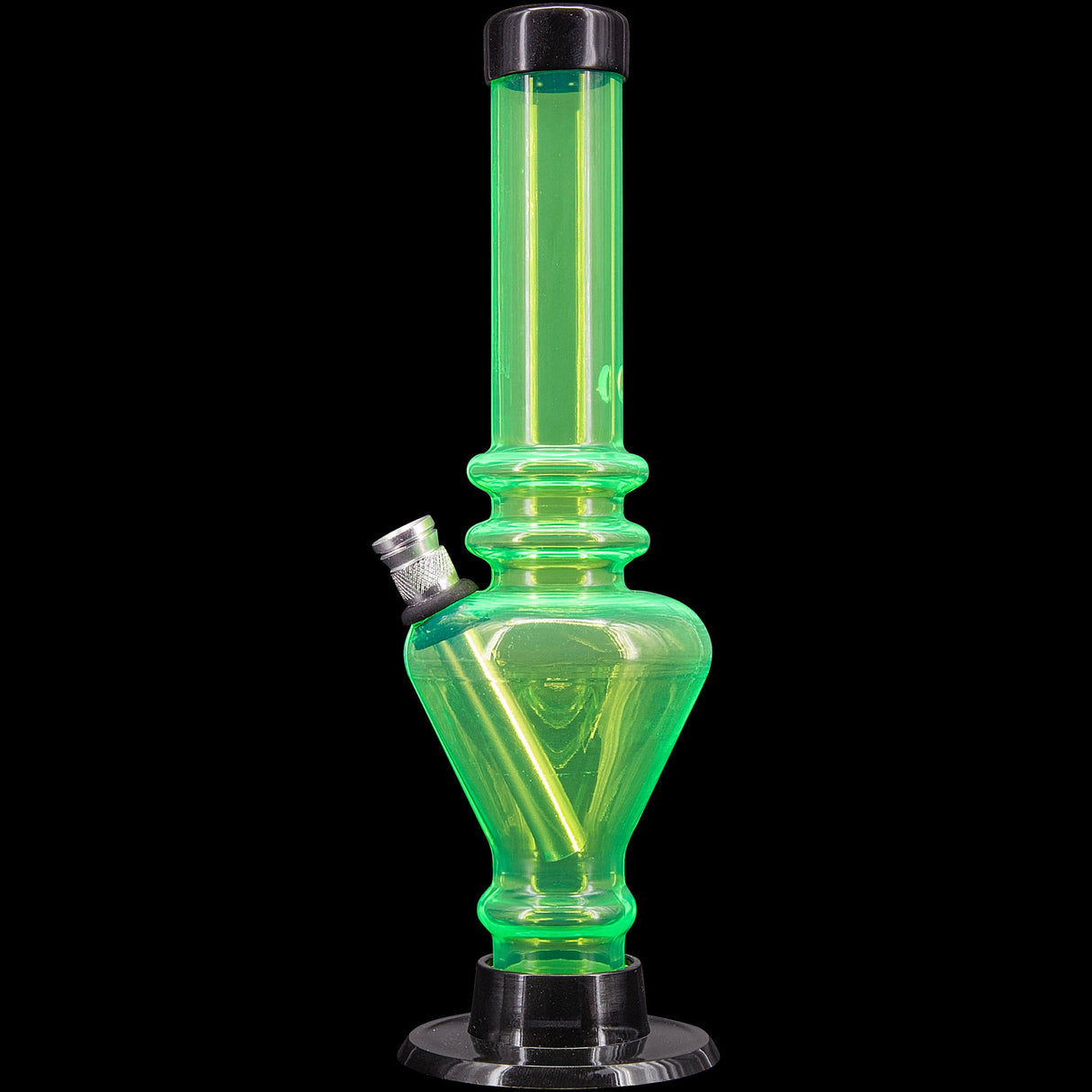 JM Plastics 8" Acrylic Blossom Bong in vibrant green, featuring a sturdy base and clear tube, front view