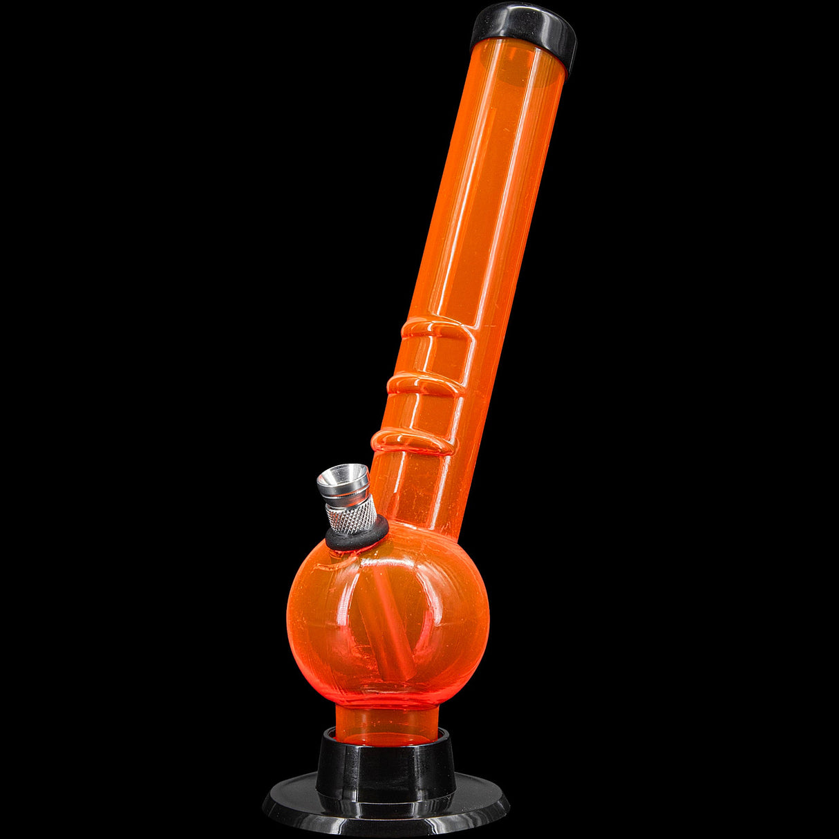 JM Plastics 8" Acrylic Angled Neck Bubble Bong in Vibrant Orange, Front View on Black Background