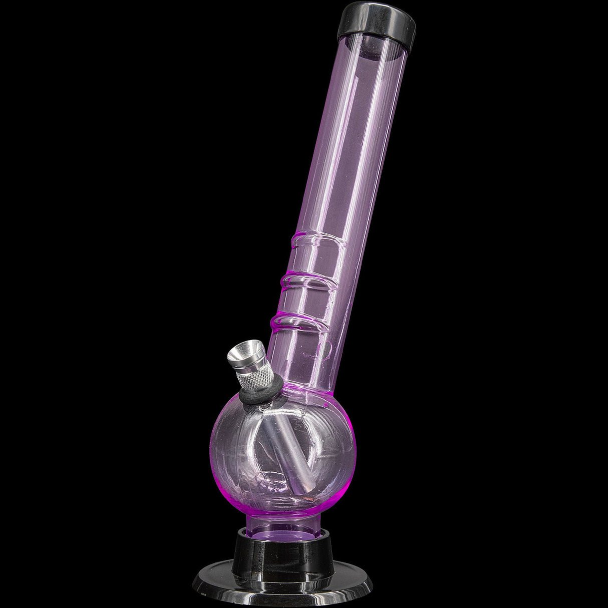 JM Plastics 8" Acrylic Angled Neck Bubble Bong in Purple - Front View on Black Background