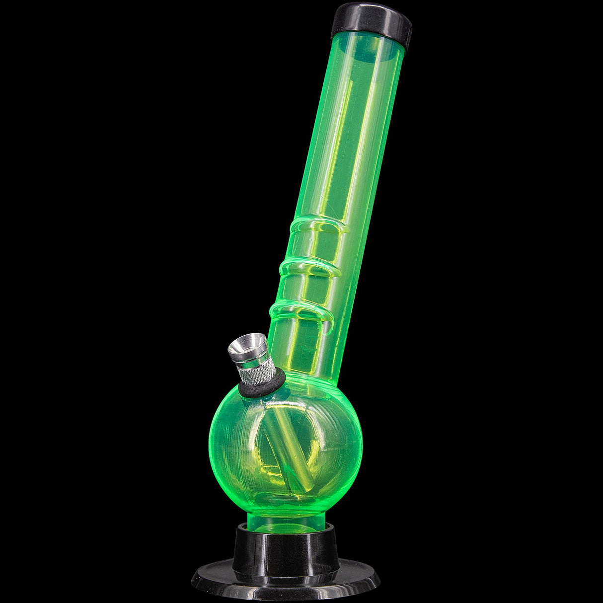 JM Plastics 8" Acrylic Angled Neck Bubble Bong in Green, Front View on Seamless Black Background