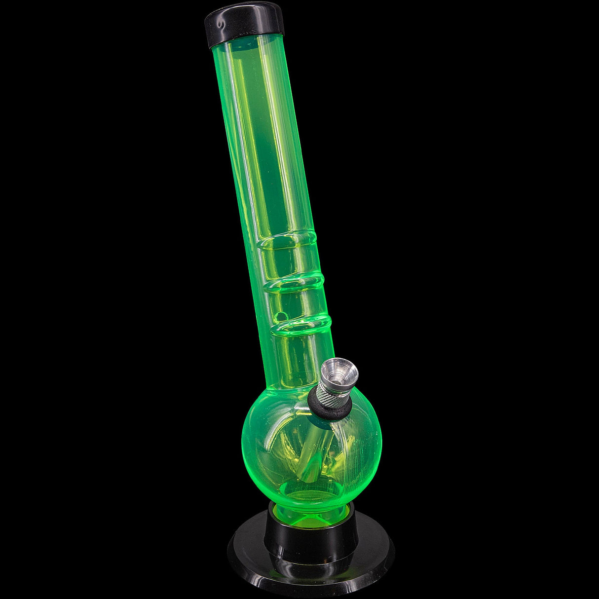 JM Plastics 8" Acrylic Angled Neck Bubble Bong in vibrant green with sturdy base, front view