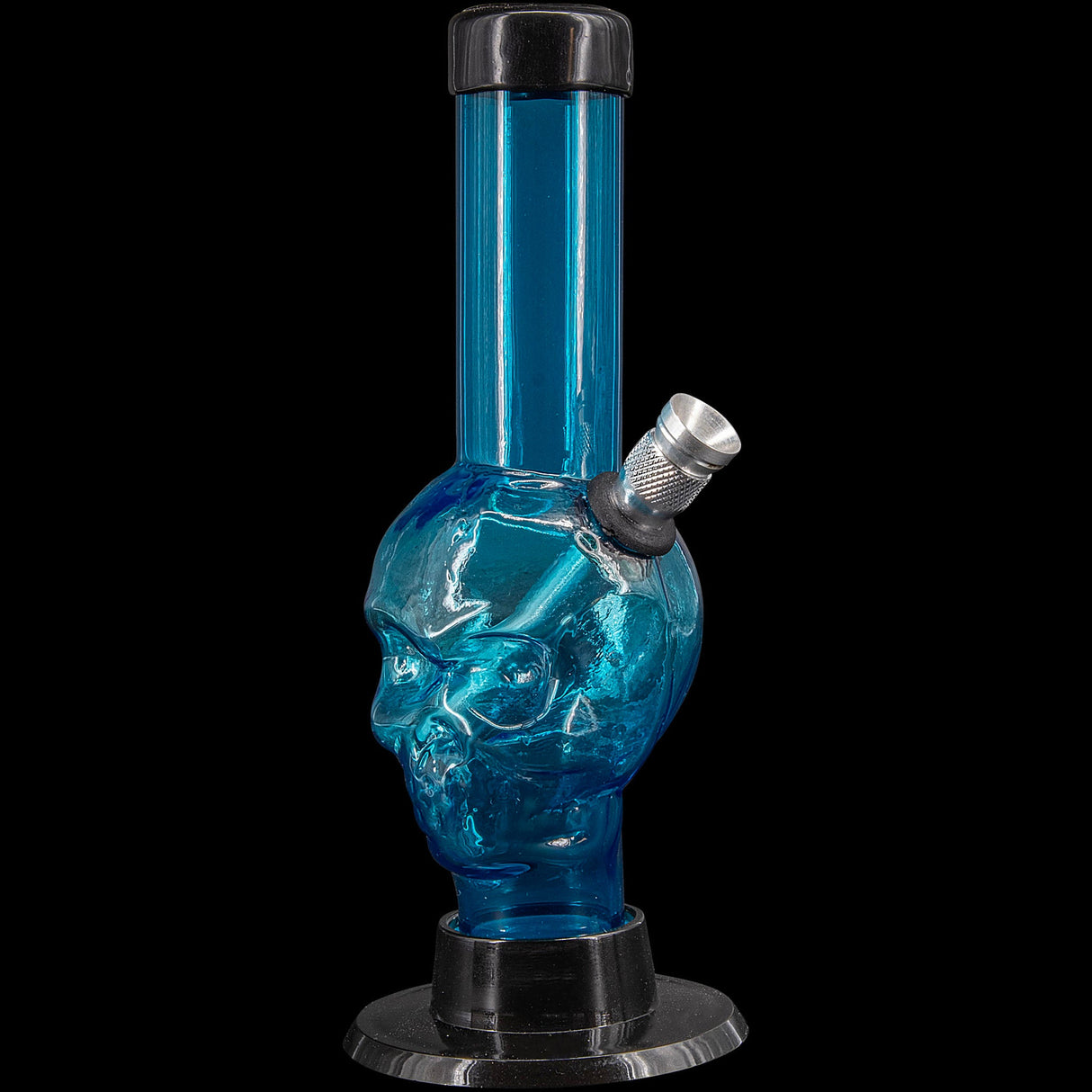 JM Plastics Mini Alien Head Acrylic Bong in Blue, 6" Tall, Front View on Black Background