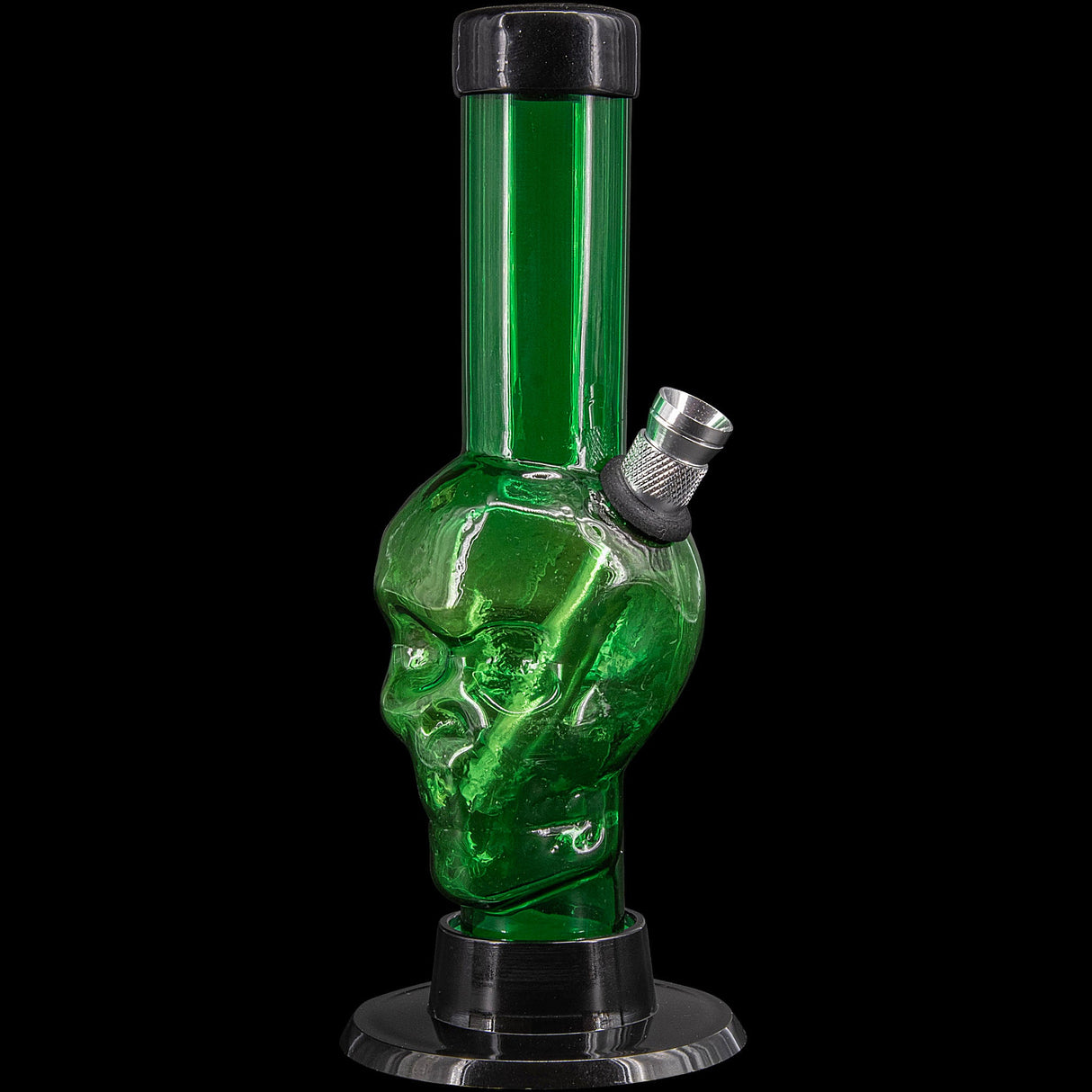 JM Plastics Mini Alien Head Acrylic Bong in Green, 6" Tall, Front View on Black Background