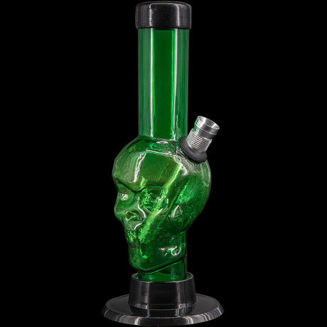 JM Plastics Mini Alien Head Acrylic Bong in Green, 6" Tall, Front View on Black Background