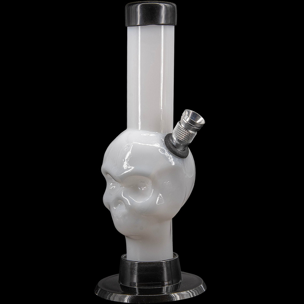 JM Plastics Mini Alien Head Acrylic Bong in White, 6" Tall, Front View with Metal Bowl