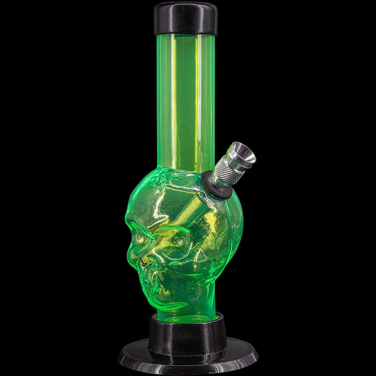 JM Plastics Mini Alien Head Acrylic Bong in Green, 6" Tall, Front View on Black Background