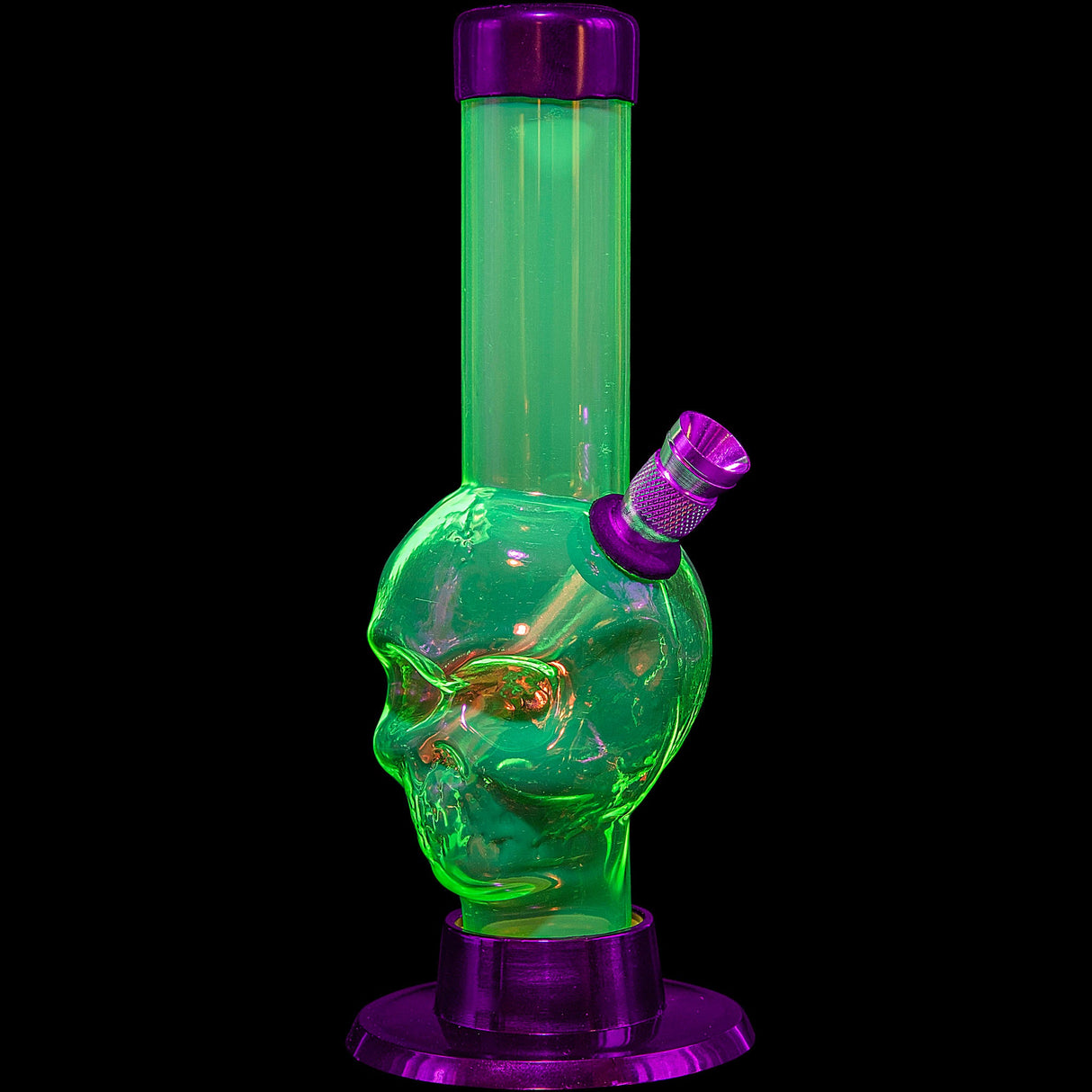 JM Plastics Mini Alien Head Acrylic Bong, 6" Tall in Green & Purple, Front View