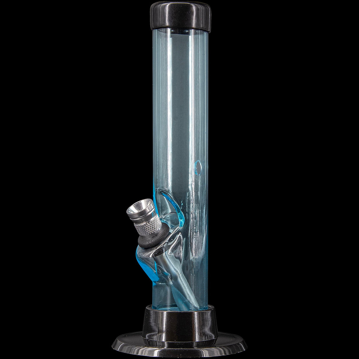 JM Plastics 6" Acrylic Straight Tube Bong in Blue - Front View on Black Background