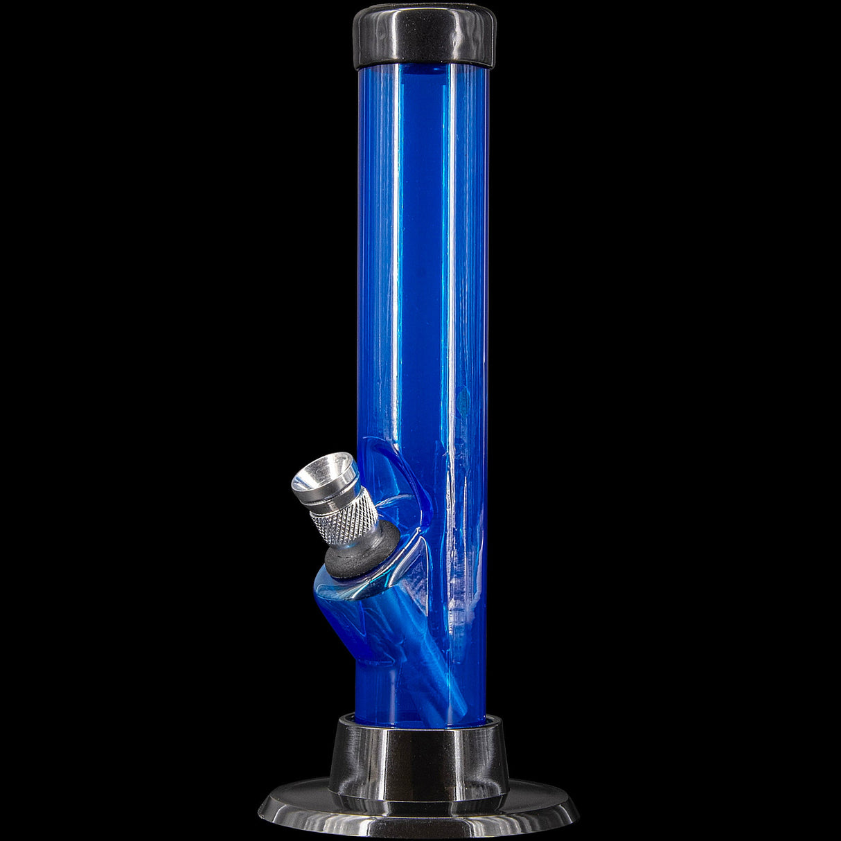 JM Plastics 6" Acrylic Straight Tube Bong in Blue - Side View on Black Background