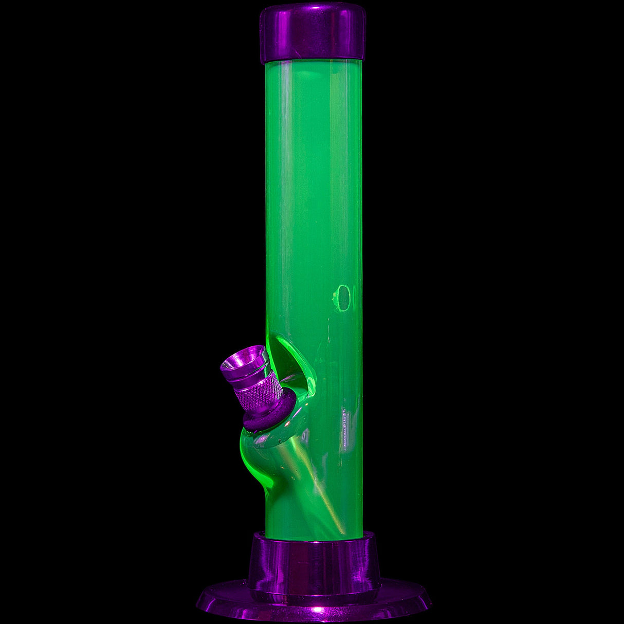 JM Plastics 6" Acrylic Straight Tube Bong in Vibrant Green with Purple Accents - Front View