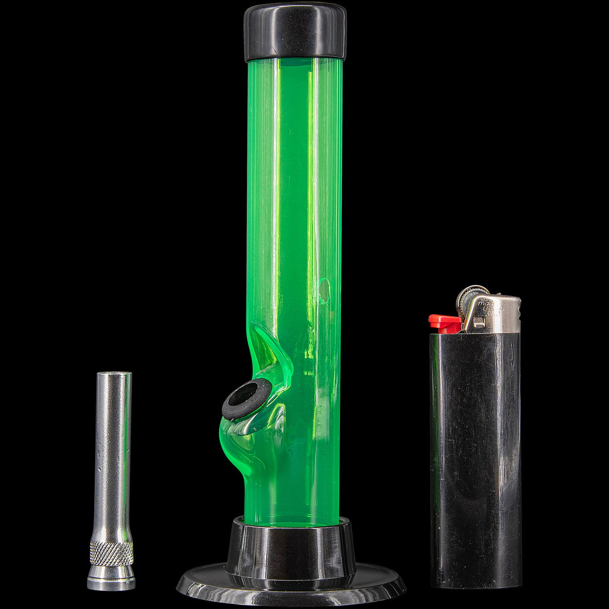 JM Plastics 6" Green Acrylic Straight Tube Bong with Metal Bowl and Lighter