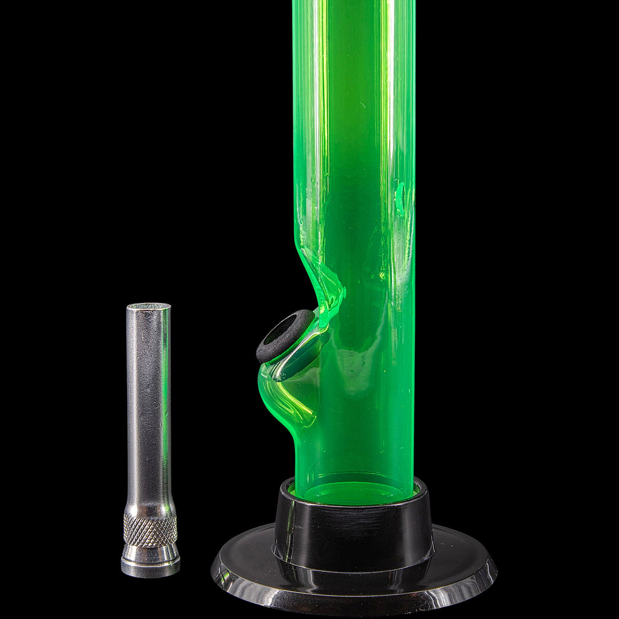 JM Plastics 6" Acrylic Straight Tube Bong in Green, Side View with Detached Bowl