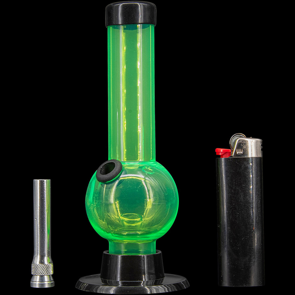 JM Plastics 6" Acrylic Bubble Bong in Green, Front View with Bowl and Lighter