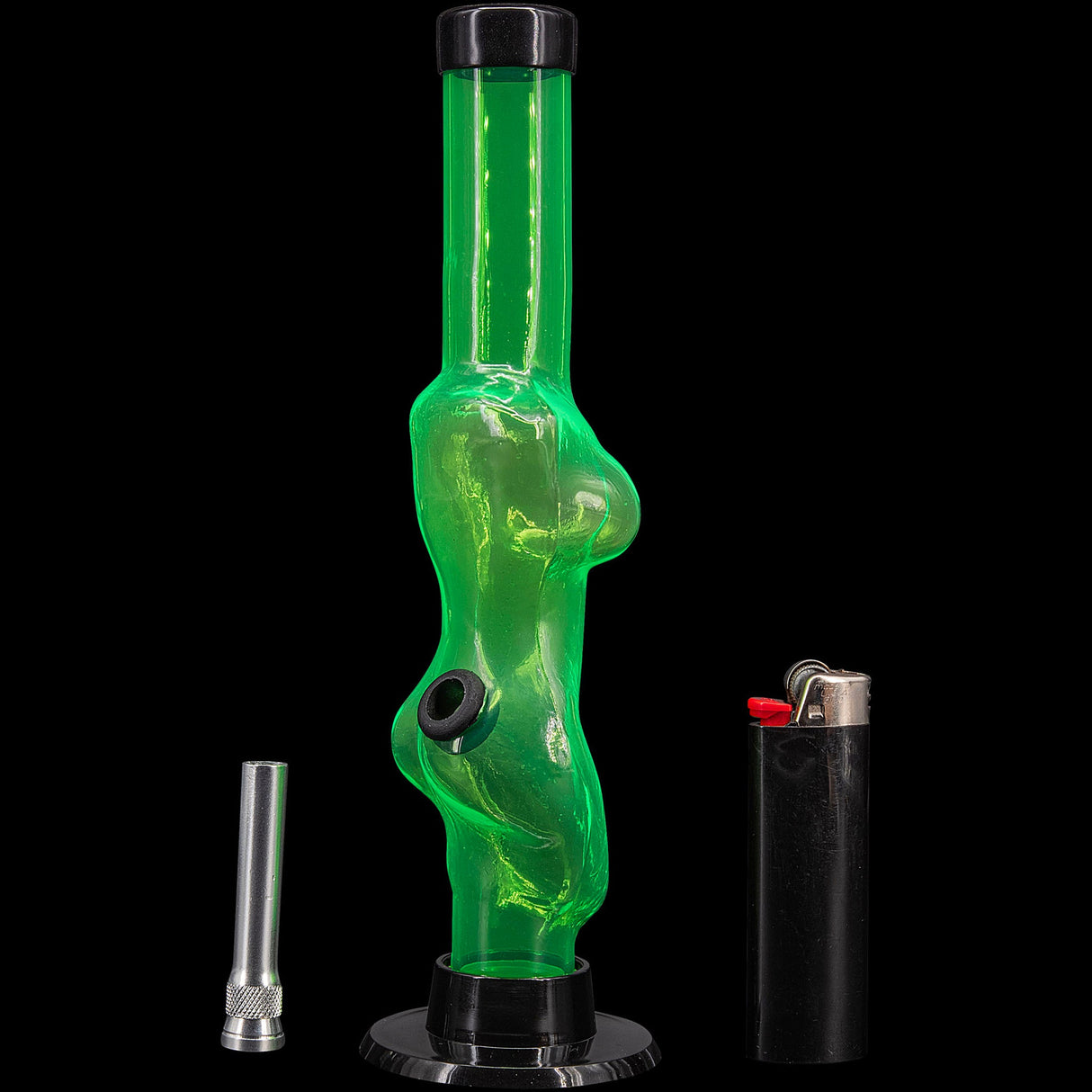 JM Plastics 8" Acrylic Lady Contour Bong in green, front view with metal bowl and lighter