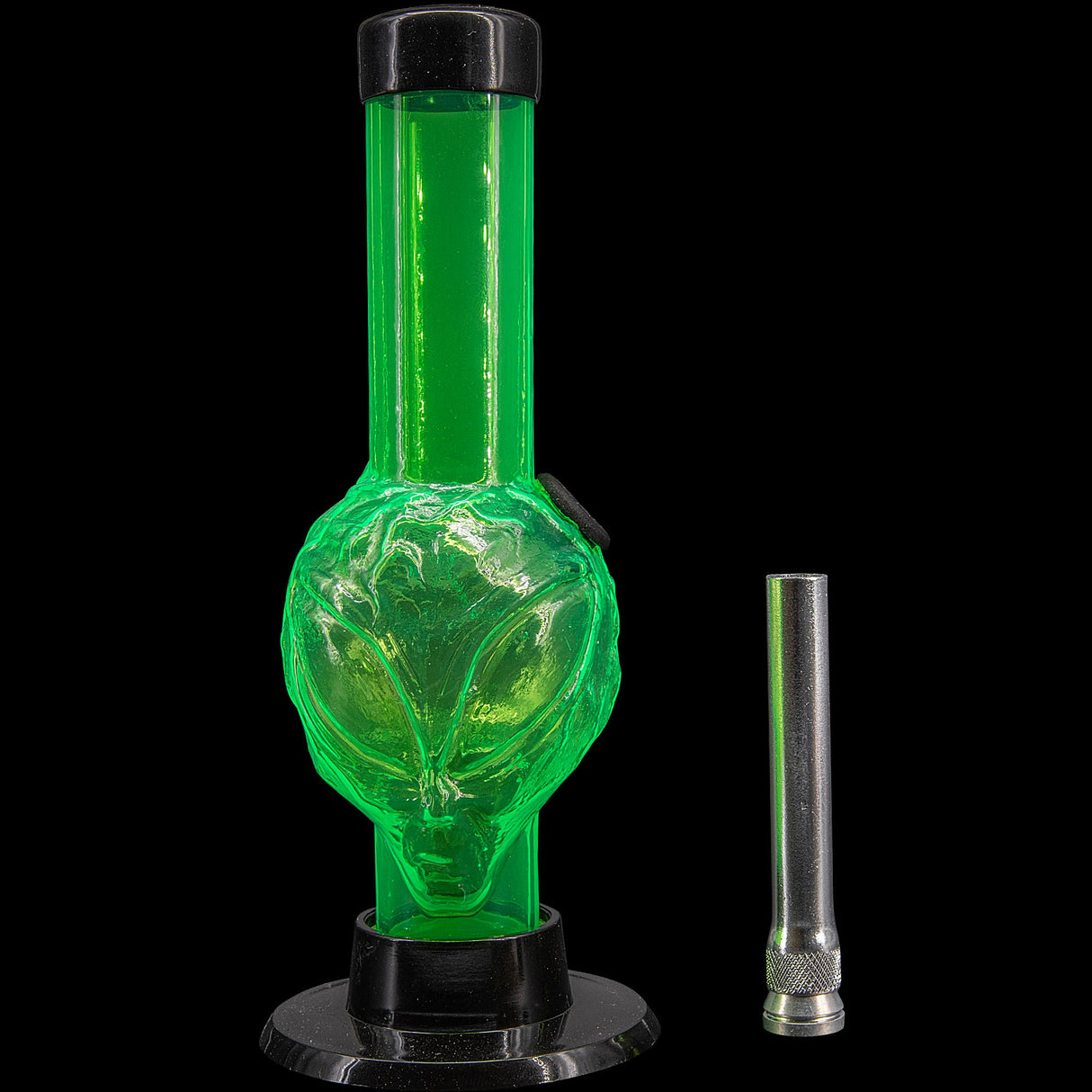 JM Plastics Mini Skull Acrylic Bong in Green, 6" Tall, Front View with Detached Bowl